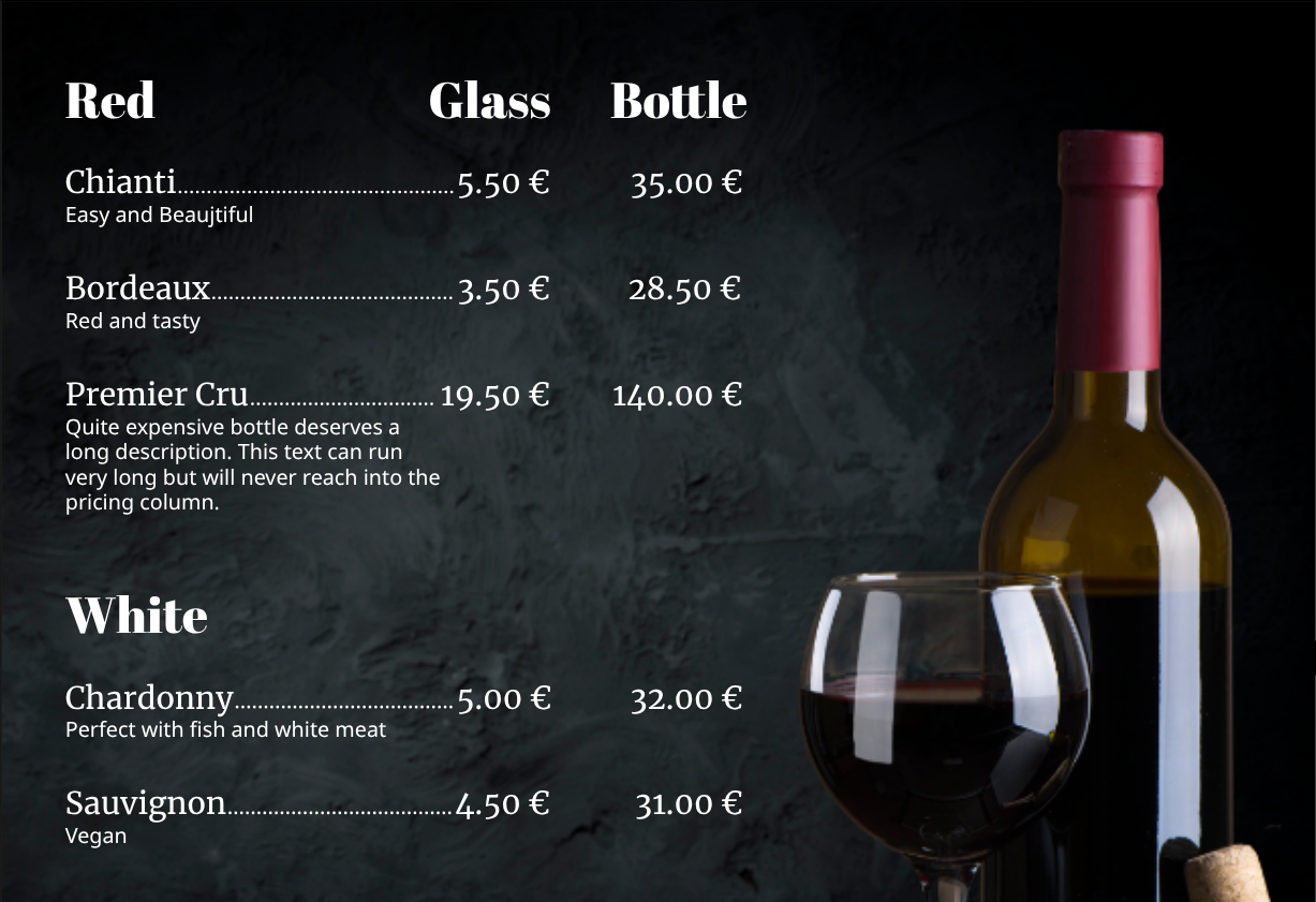 Screenshot of the original wine menu rendering