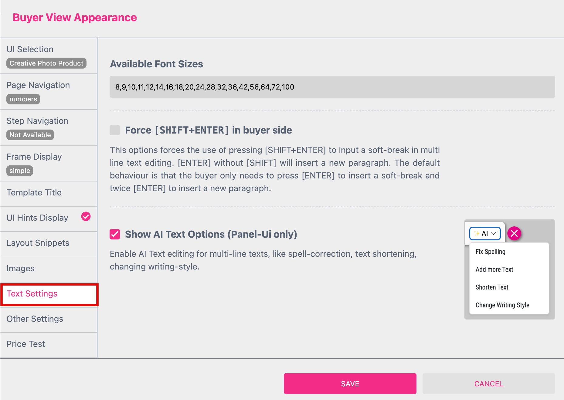 Buyer View Text Settings