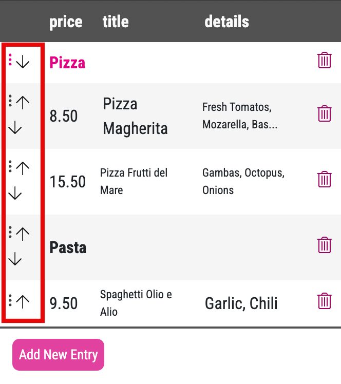 Reorder Buttons Table Control