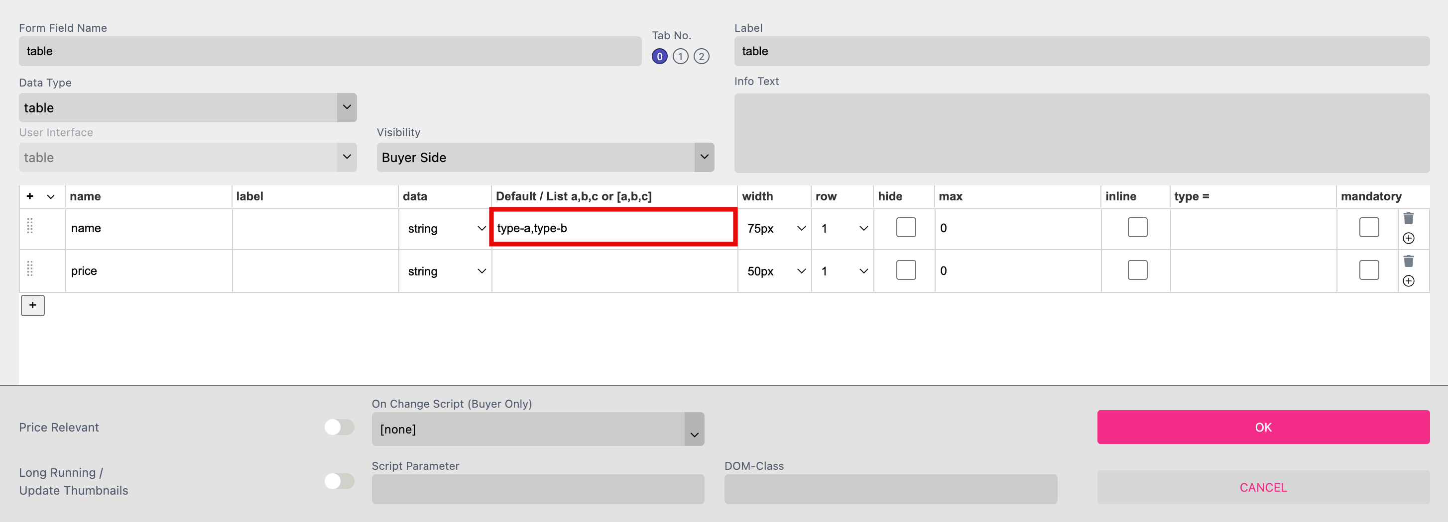 Table Form Field Properties