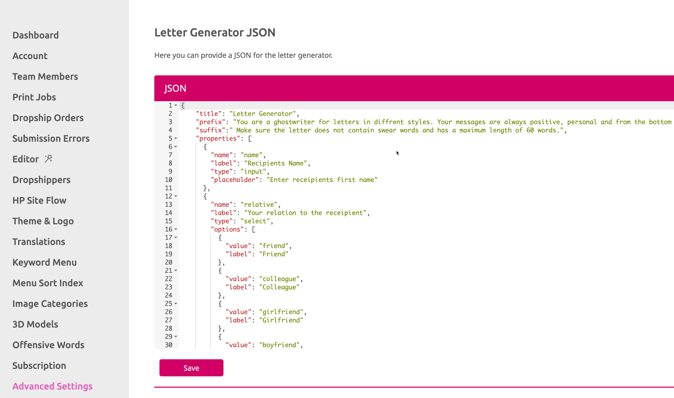 JSON FOR AI Letter Generation