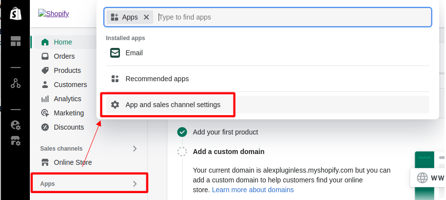Location of the app and sales channel settings