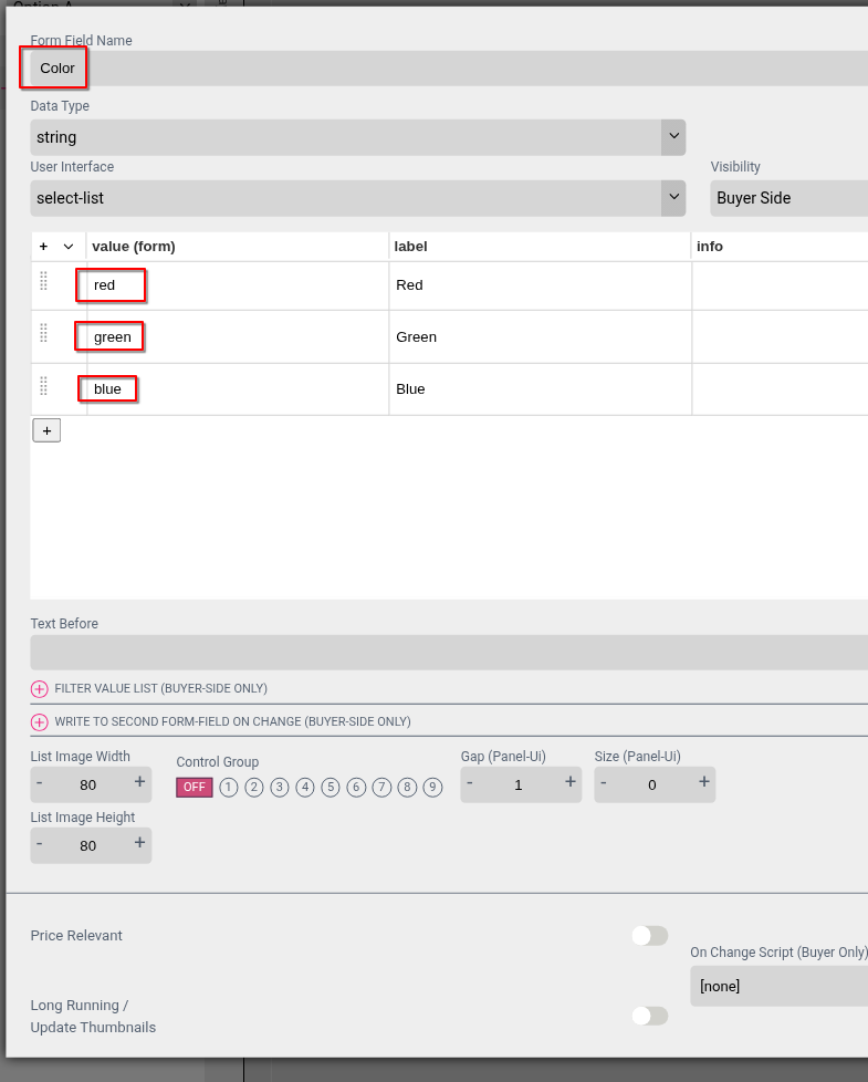 Screenshot of the Printess Color form field configuration