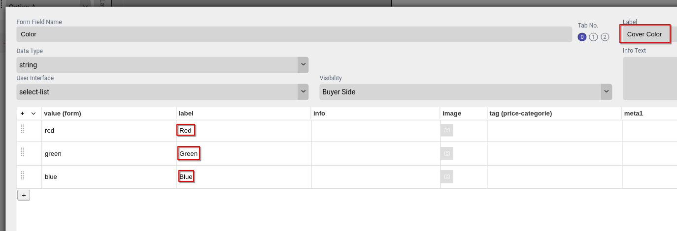 Screenshot of the Printess form field label configuration