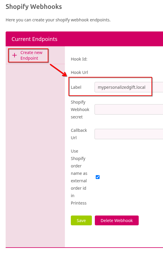 Screenshot of the Create Endpoint input mask