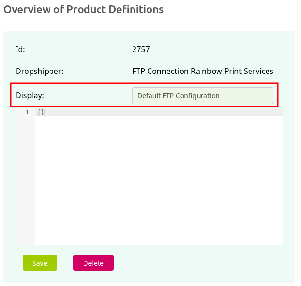 Screenshot of the newly created product definition