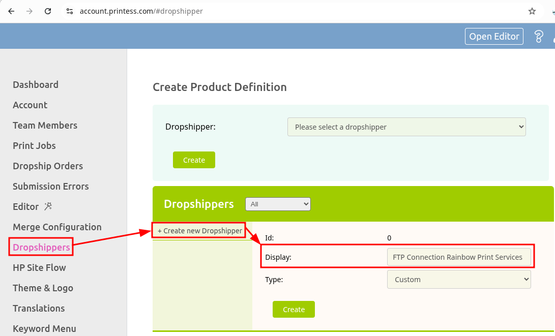 Screenshot of the create dropshipper dialog