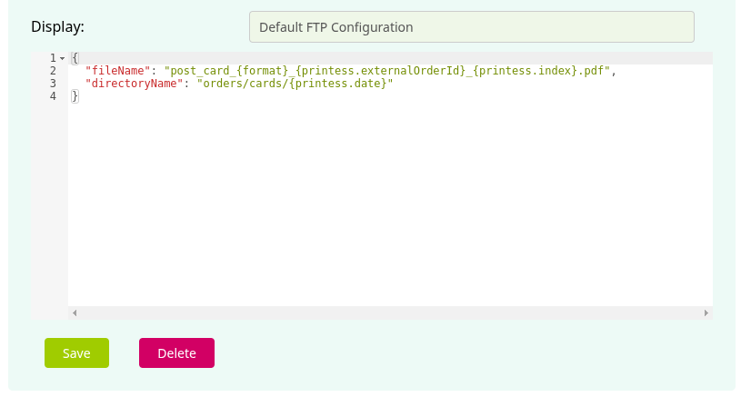 Screenshot of the file name configuration using a form field and a printess variable