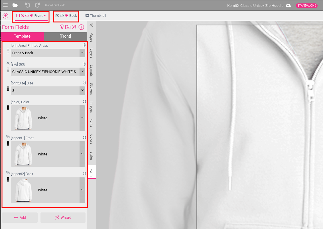 Screenshot of the configured template