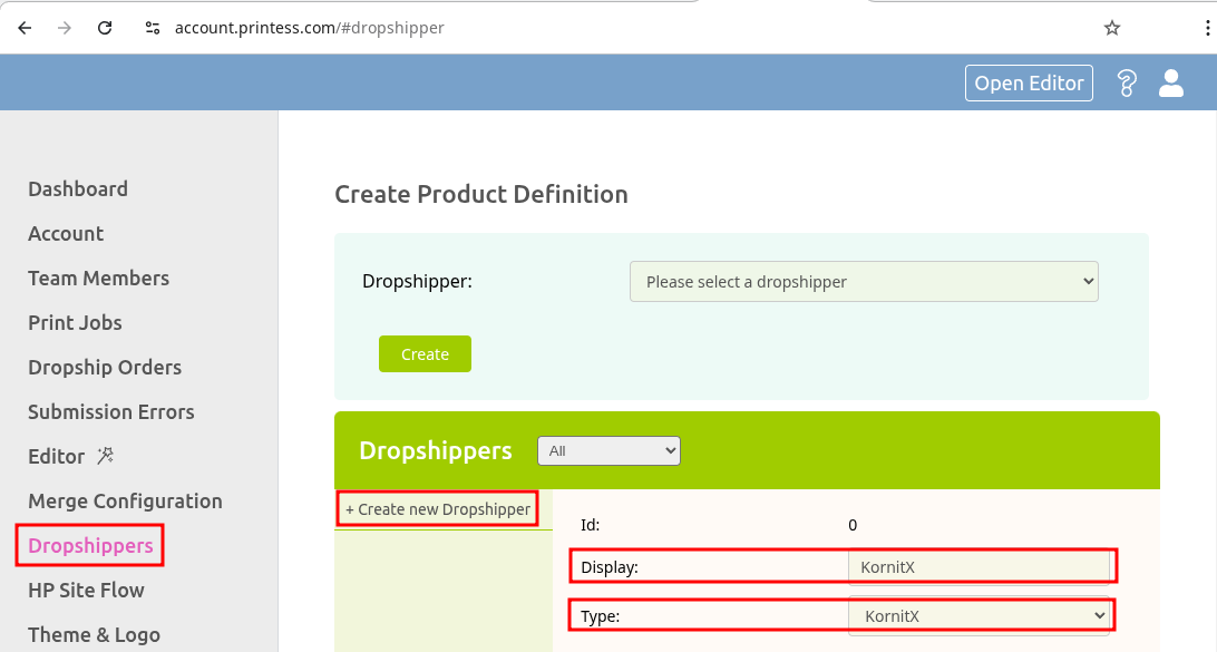 Screenshot of the dropshipper configuration