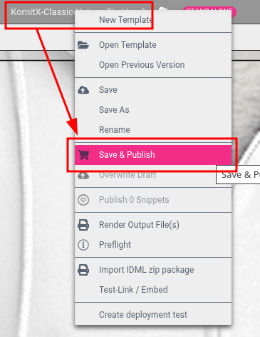 Screenshot of the publish template menu entry