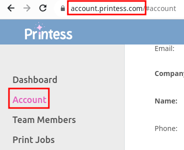 Location of the accoubnt section inside the printess account portal