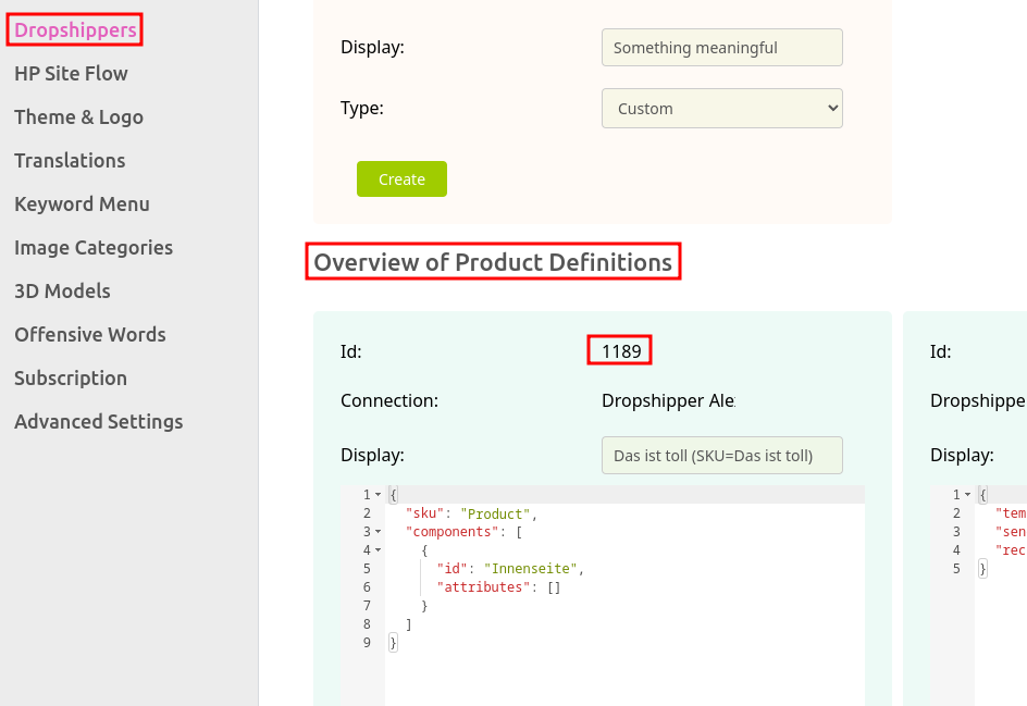 Screenshot of dropship product definition