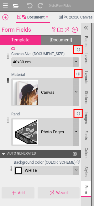 Position of the form field configuration buttons