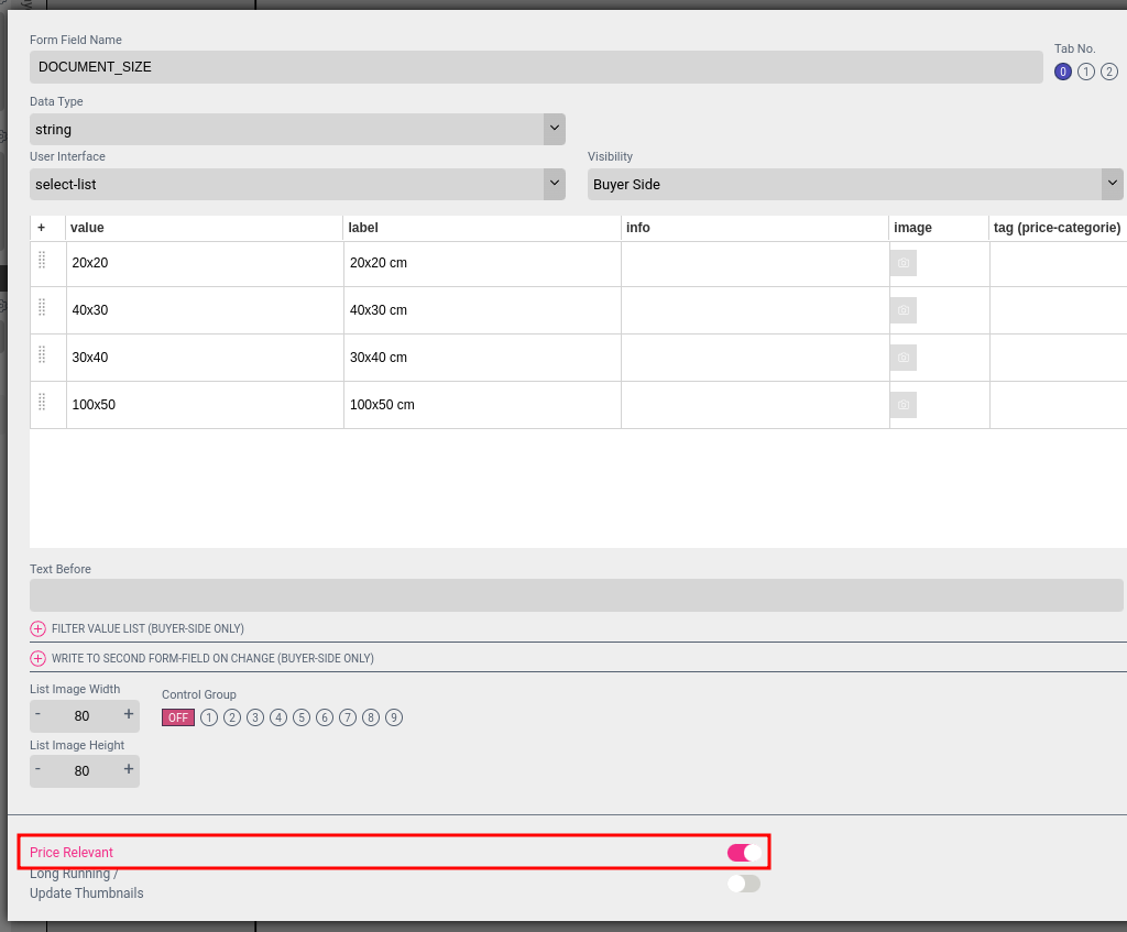 Form field price relevant option