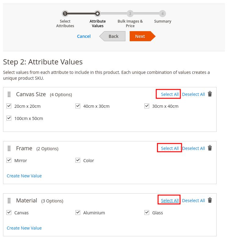 Select all values from each attribute