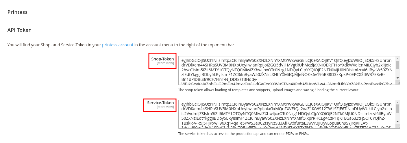 Location of the shop and service token configurations