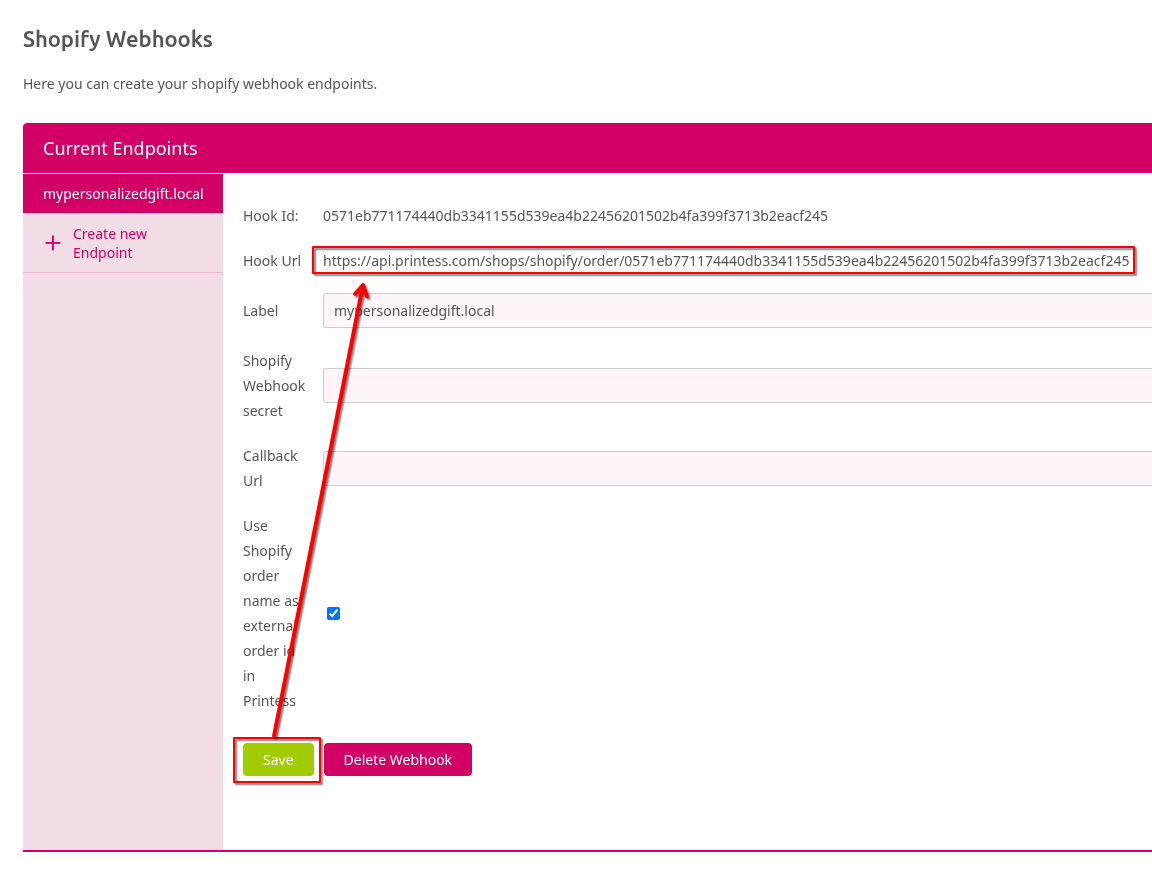 Screenshot of the new webhook url