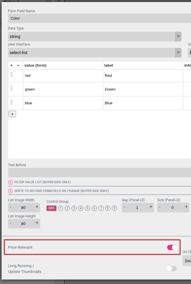 Screenshot of the Printess price relevant form field setting