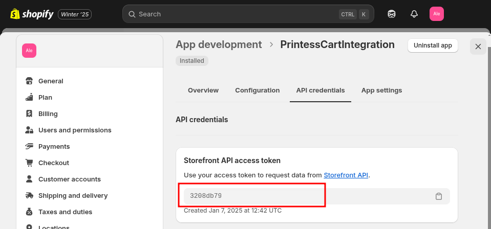 Screenshot of the app access token display