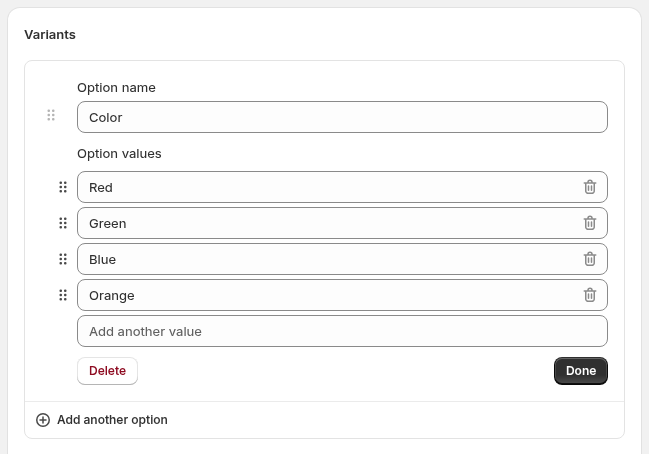 Screenshot of the Color Shopify variant option