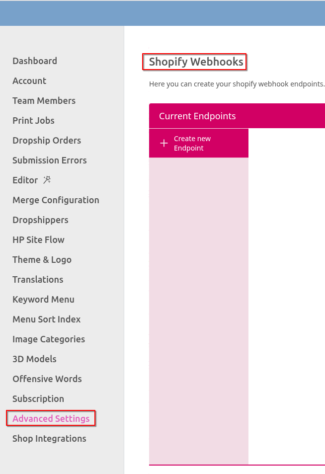Screenshot of the Shopify Webhook Settings