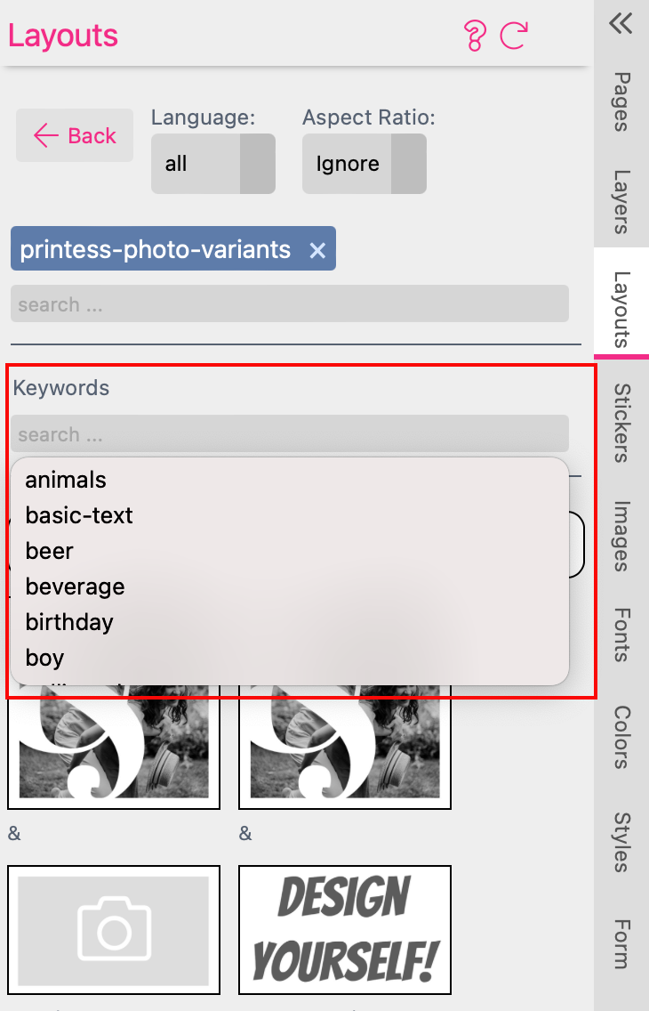 Layout Snippets Menu Keywords Filter